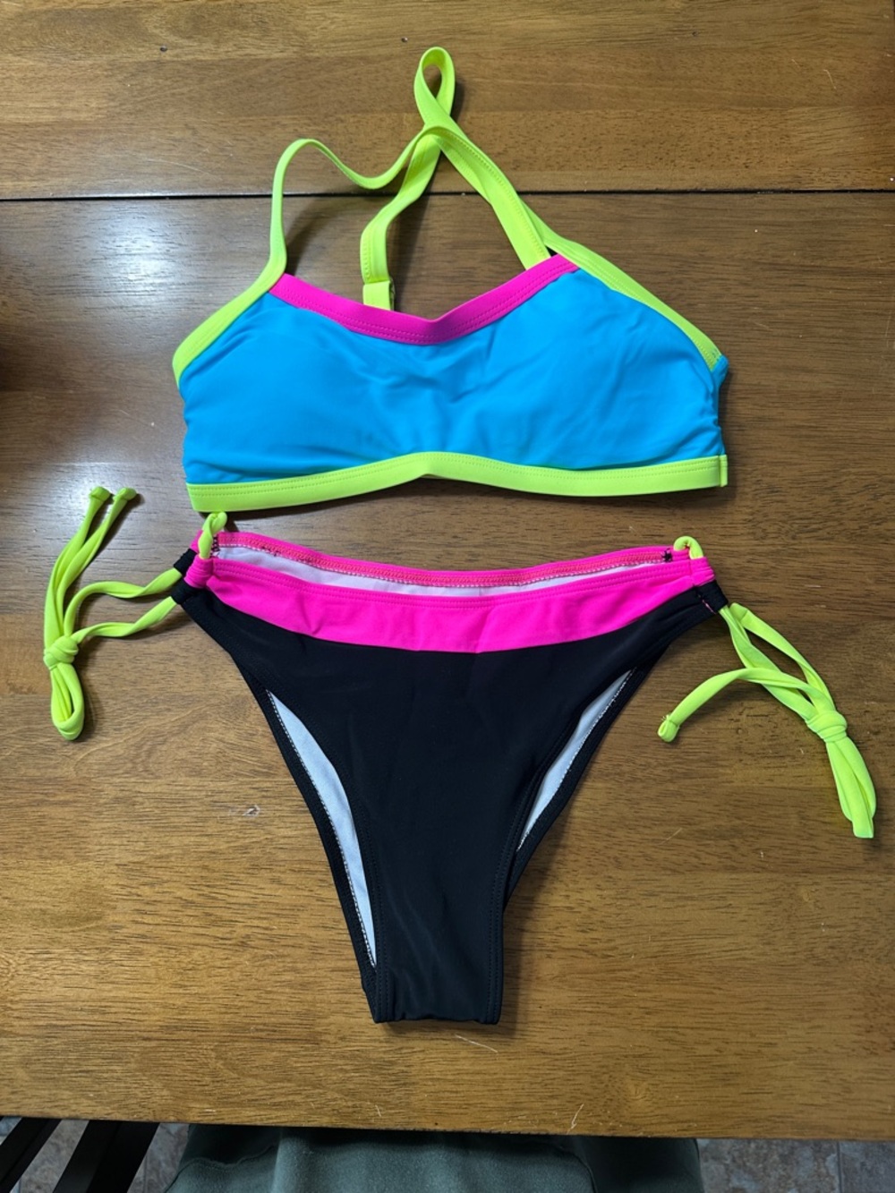 Neon Colorblock Two-Piece Bikini - Blue, Pink & Neon Yellow